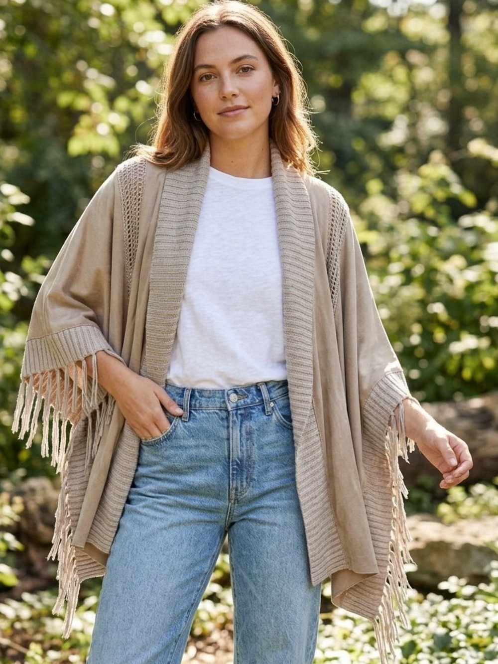 Chico‘s Suede Fringe Covering Ruana Neutral Knit Open Front Poncho